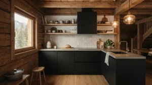 A stylish portable induction hob for camping installed inside a luxury wooden glamping pod kitchenette.