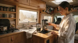 A portable induction hob for camping set up inside a small campervan kitchen area.