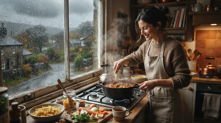 Cooking indoors under shelter with a portable induction hob for camping during a rainy British summer trip.