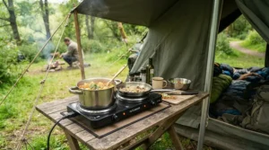 Using a portable induction hob for camping on a folding table inside a large family tent porch.