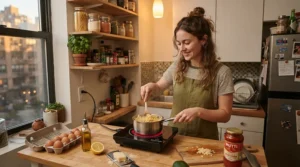 A student preparing a simple dinner on a compact portable induction hob under £100 in a rented flat.