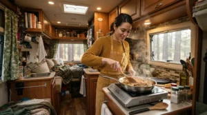 Using one of the best portable induction hobs under £100 for cooking a quick meal inside a compact caravan kitchen.