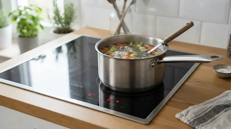 A sleek black glass portable induction hob under £100 heating a stainless steel pan on a modern kitchen countertop.
