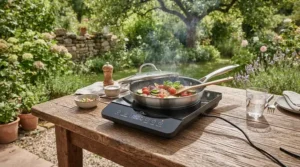 Al fresco cooking setup on a garden patio using a portable induction hob under £100 plugged into an outdoor socket.