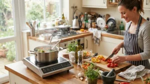 An extra portable induction hob under £100 being used alongside a main cooker during a family Sunday roast prep.