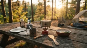 Affordable camping setup featuring propane butane canisters under £10 on a picnic bench in Wales