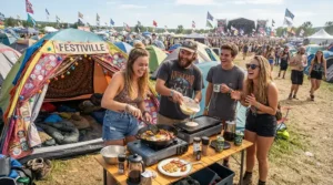 Festival-goers preparing a hot meal using propane butane canisters under £10 outside a colourful tent