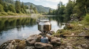 An angler making tea with propane butane canisters under £10 by a tranquil riverbank in England
