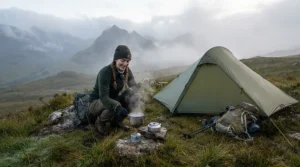 A backpacker boiling water with propane butane canisters under £10 on a quiet highland trail in Scotland