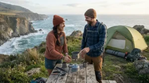 A couple setting up their camp kitchen with propane butane canisters under £10 in a Cornish campsite