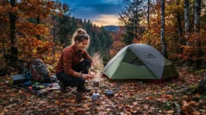 Making the ultimate autumn camping fuel choice with a propane butane mix for cold weather camping in a woodland