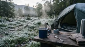 A morning brew prepared with a propane butane mix for cold weather camping outside a tent in the Peak District
