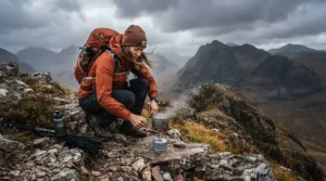 A camper lighting a stove using a reliable propane butane mix for cold weather camping in the Scottish Highlands during late autumn
