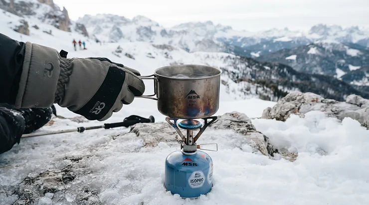 Boiling water for tea using a propane butane mix for cold weather camping during a snowy weekend in Yorkshire