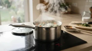 A pan of water boiling rapidly on a single hob portable induction cooker during meal prep.