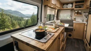 A single hob portable induction cooker plugged in on a wooden counter inside a camper van.