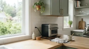 A single hob portable induction cooker set up on a compact kitchen counter, ideal for a small flat.