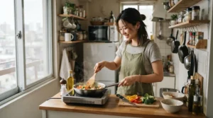 A student preparing a quick evening meal using a single hob portable induction cooker in a bedsit.