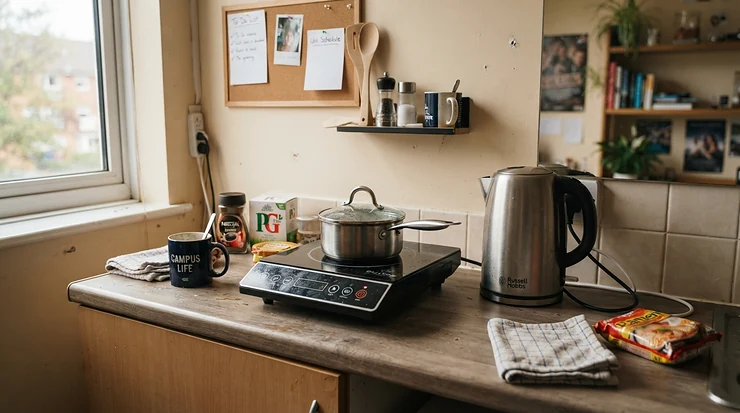 A single hob portable induction cooker on a desk in a student accommodation kitchenette.