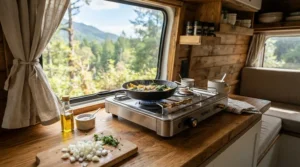 A sleek single ring 12V induction hob installed in a modern campervan kitchen counter