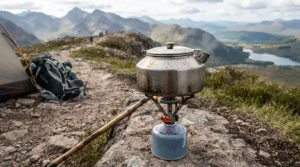 Boiling water for hot drinks on a hike using value camping gas canisters.