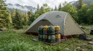A stack of value camping gas canisters beside a tent at a campsite, highlighting multipack savings.