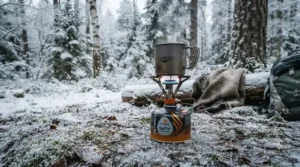 Using value camping gas canisters in cold weather conditions with morning frost.