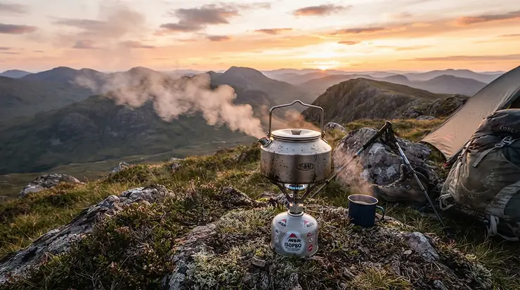 isobutane canisters for backpacking powering a morning brew at a sunrise wild camping pitch