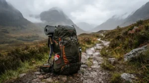 isobutane canisters for backpacking neatly packed in a hiker's side pocket on a misty Scottish Highlands trail
