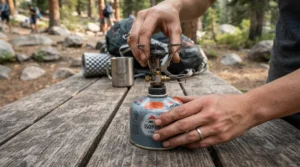 isobutane canisters for backpacking being screwed securely onto a compact backpacking stove