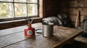 isobutane canisters for backpacking displayed as part of an ultralight hiking kit on a wooden bothy table