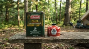 isobutane canisters for backpacking compared with older butane models on a campsite picnic bench