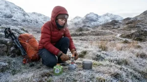 isobutane canisters for backpacking being used in cold weather conditions during a Dartmoor winter camp