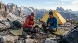 Preparing a hot meal with isobutane canisters for high altitude during a high-altitude alpine bivouac.