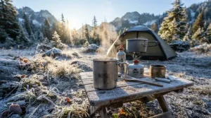 Making a hot drink with isobutane canisters for high altitude in frosty weather to observe cold-air canister behaviour.