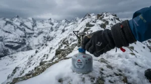 A mountaineer using isobutane canisters for high altitude during a snowy winter ascent in the Scottish Highlands.
