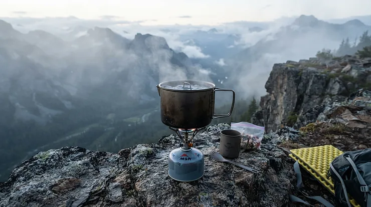 A boiling pot of water on a remote mountaineering fuel choice setup using isobutane canisters for high altitude.