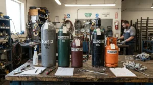 Inspecting multiple canisters during propane butane mix for backpacking stove reviews in a gear shed