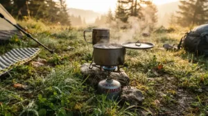 Boiling water with a propane butane mix for backpacking stove on a damp morning in the Lake District