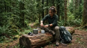 A backpacker taking a lunch break with a propane butane mix for backpacking stove in a pine forest