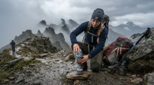 A hiker attaching a propane butane mix for backpacking stove canister at a misty Scottish ridge campsite