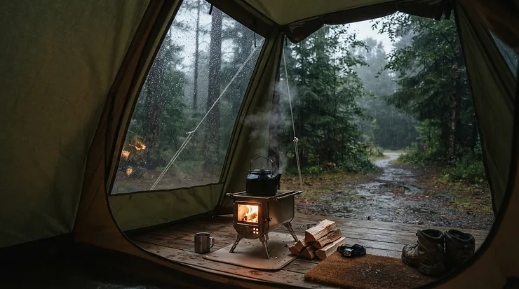 Brewing tea in a tent porch using a propane butane mix for backpacking stove on a rainy afternoon