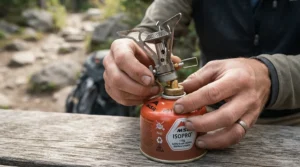 Close-up of canister-to-stove threading using a propane butane mix for backpacking stove setup